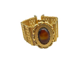 Vintage Gold Tone Wide Mesh Bracelet with Large Glass Brown Cabochon