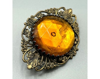 Vintage Czech Glass Pin Brooch Filigree Setting Topaz Color Faceted Glass Stone