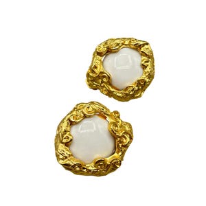 Vintage Gold Toned Clip On Earrings with White Center Brutalist Design