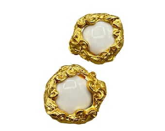 Vintage Gold Toned Clip On Earrings with White Center Brutalist Design