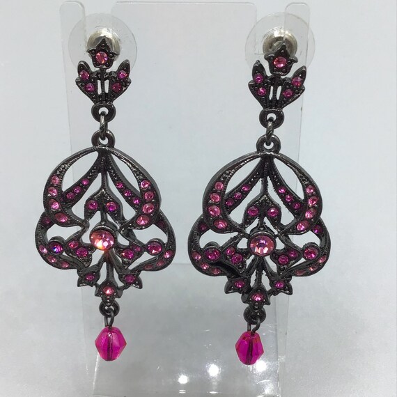 Pink Dangles Earrings Drops Rhinestones Art Nouve… - image 2