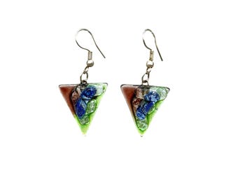 Vintage Art Glass Earrings Triangles Beaded Pierced Dangles Fused Glass Green Blue