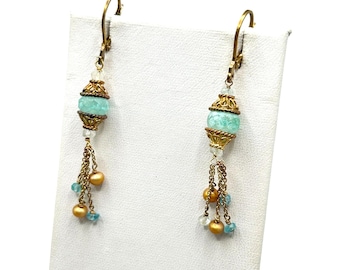 AVINDY Aqua Blue Earrings Drops Dangles With Gold Tone Leverback Hooks