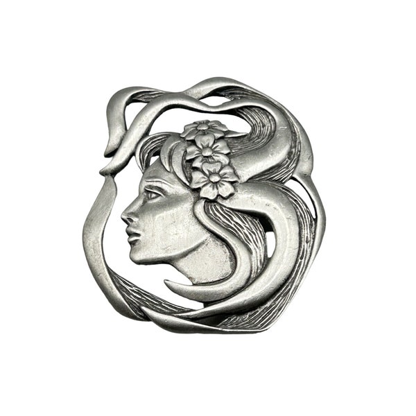 Signed JJ Pewter Pin Brooch Lady Face Profile with Art Nouveau Style Hair Design