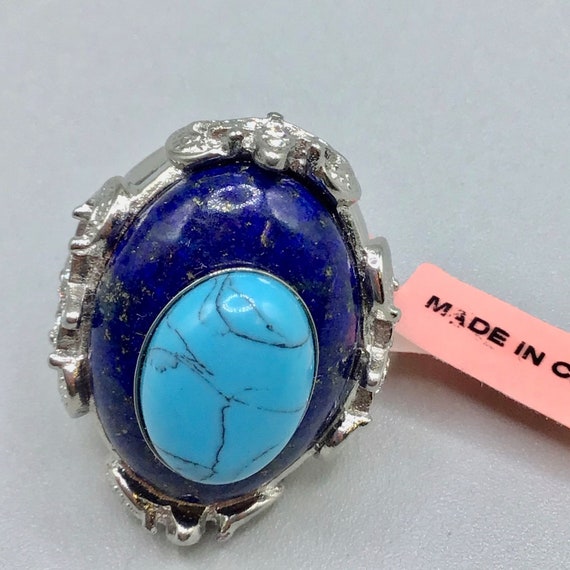 Lapis Lazuli & Turquoise Stone Ring Size 8 Semi P… - image 7