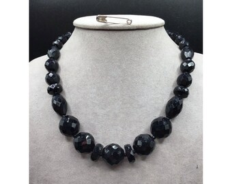 Vintage Black Faceted Glass Necklace Single Strand Simple Beaded Classic Jewelry
