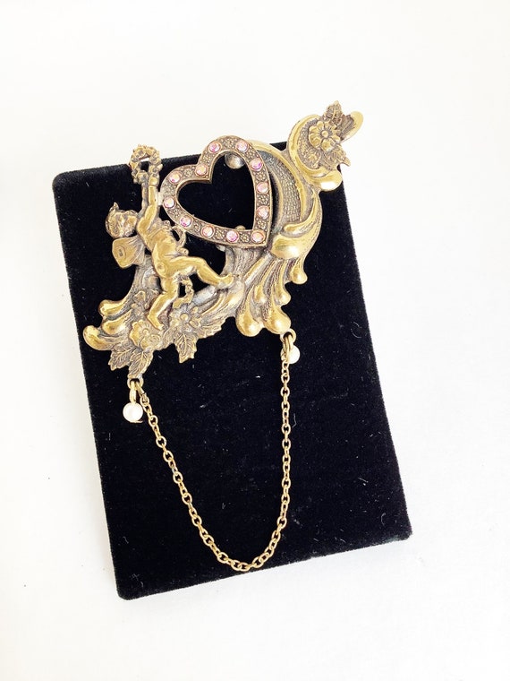 Angel Brooch Angel With Heart and Chain Dangle Gold Angel Pin