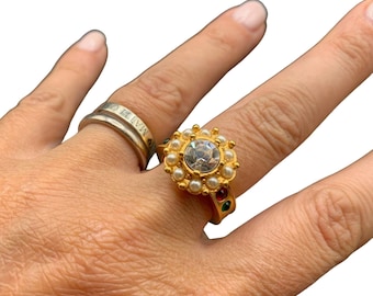 Matte Gold Tone Ring with Jewel Tones Cabs Rhinestones and Faux Pearls Size 7.75