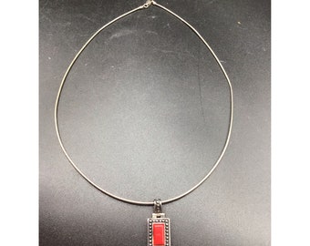 Vintage Sterling Silver Cable Chain Necklace with Rectangular Red Stone Pendant