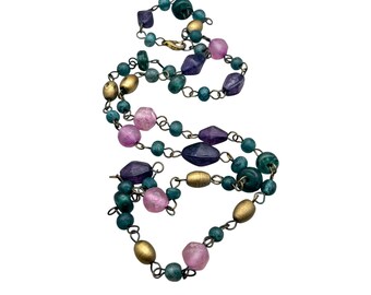 Purple Blue And Pink Pressed Glass Beaded Necklace Dyed Beads 30" Long Single Strand