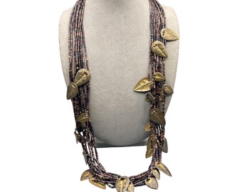 Heishi Beads Necklace With Brass Leaves Multi Strand Long Beaded Necklace