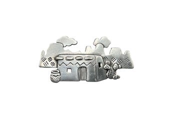 Vintage JJ 1988 Pewter Southwestern Adobe House Brooch Pin Dimensional Design