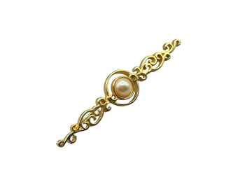 Vintage Bar Pin With Faux Pearl Cabochon Matte Gold Tone Scrolls Design Classy
