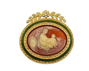 Vintage Joan Rivers Cameo Pin Brooch Mother And Child Gold Tone Green Enamel