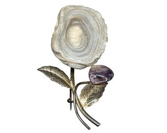 Vintage Druzy Flower Pin Brooch Sterling Silver Amethyst Handcrafted Unusual Pin