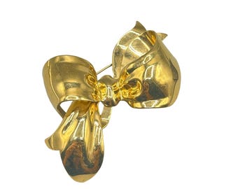 Vintage Monet Gold Tone Bow Brooch Pin Ribbon Design Statement Jewelry