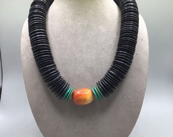 Vintage Boho Ethnic Necklace Apple Coral Sponge Coral and Dyed Wood Large Beads