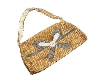 Old Vintage Purse Made in Japan Beaded Faux Pearls with Bow Ribbon Design