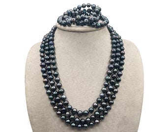 Set of Pearl Necklace And Bracelet Triple Strand Peacock Pearls Genuine Cultivated Irregular Pearls