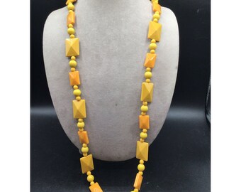 Funky Plastic Necklace Butterscotch Color 70s Beaded Long Strand Ocre Necklace