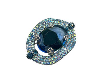 Sapphire Blue Glass Brooch Aurora Borealis Rhinestones Silver Tone Metal