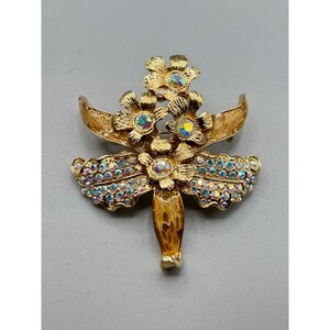St. John Signierte Blumen Brosche Gold Ton & Strass Orchid Emaille AB Steine