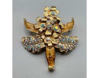 St. John Signed Flower Brooch Gold Tone & Rhinestones Orchid Enamel AB Stones