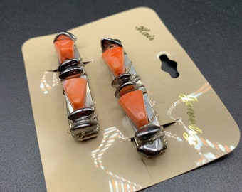 cute set of vintage hair clips beaded orange color beads on original card