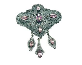 Vintage Antique Style Pin Brooch Dusty Silver Tone Metal and Purple Rhinestones