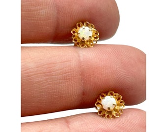 Petite Studs Earrings 14K Yellow Gold & Genuine Opals Pierced Child Girl Jewelry