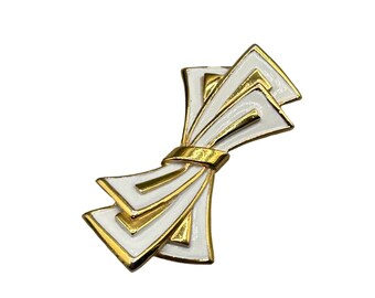 Vintage Signed TRIFARI White Enamel Ribbon Bow Pin Brooch Gold Tone Metal