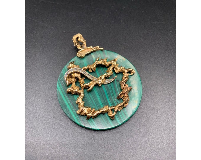 Featured listing image: Malachite 14K gold and diamonds pendant Oversized vintage round medallion Oriental jewelry