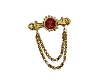 Victorian Revival Brooch Intaglio Reverse Glass Cameo Pin Brooch With Chains