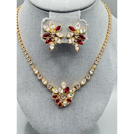 Vtg Monet Necklace and Earrings Set Clear and Red… - image 4