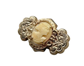 Vintage Genuine Carved Shell Cameo Pin Brooch Victorian Revival Gold Tone Ornate