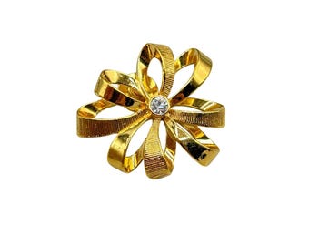 Gold Tone Bow with Rhinestone Tack Pin Pretty Ribbon Pin Spiral Flower Brooch