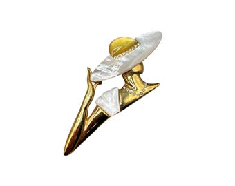 Lady With Hat Pin Brooch Art Deco Style Gold Tone Mother Of Pearls Rhinestones