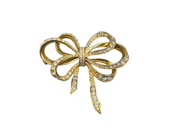 Vintage Bow Pin Brooch Gold Tone and Rhinestones Ribbon Fancy Elegant Pin