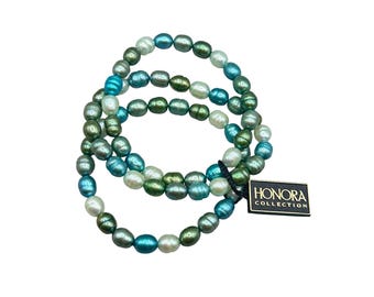 HONORA Pearl Bracelets Set Of 3 Green Blue Tones Pastel Color Stretch Elastic