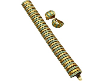 KJL Bracelet & Clip On Earrings Set Gold Tone Turquoise Ballotini Kenneth Lane