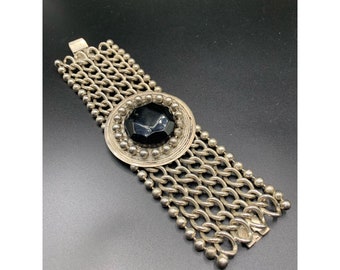 Unusual Chunky Wide statement bracelet with black glass stone