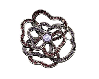 Outline Of Rhinestones Flower Pin Brooch Pink Purple Rose Flower Pin Gun Metal Color