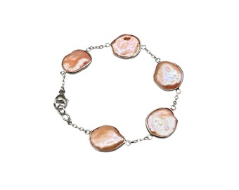 HONORA Open Back Bezel Set Pearls Bracelet Sterling Silver Peach Color Irregular Lentil Pearls