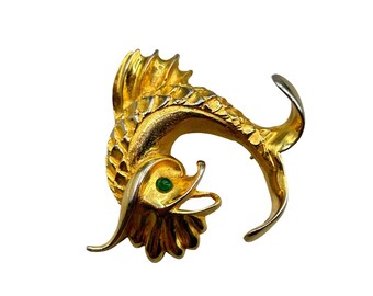 Signed DENICOLA Fish Pin Brooch Gold Tone And Green Bullet Glass Eye