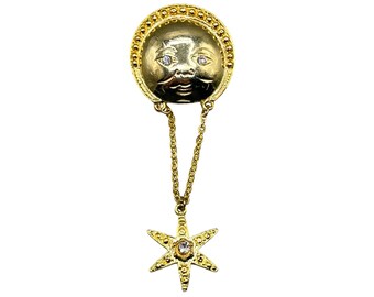 Celestial Pin Brooch Moon With Face And Star Gold Tone Man On The Moon Jewelry