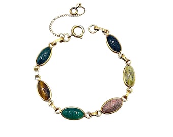 Vintage Scarab Bracelet Carved Gemstones Egyptian Revival Gold Filled