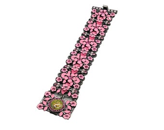 MX Signature Enamel Flowers Bracelet Pink Vintage Designer Signed 80s Jewelry
