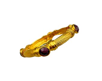 Vintage Hinged Matte Gold Tone Bangle Bracelet With Purple Acrylic Stones