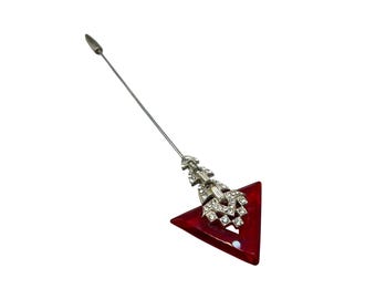 Art Deco Red Glass Triangle Stick Pin Hat Pin With Rhinestone Accents