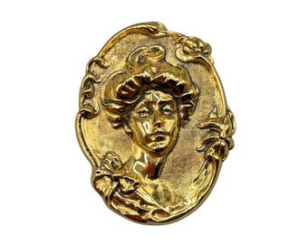 Victorian Revival Pin Brooch Vintage Victorian Repousse Gibson Girl Gold Tone